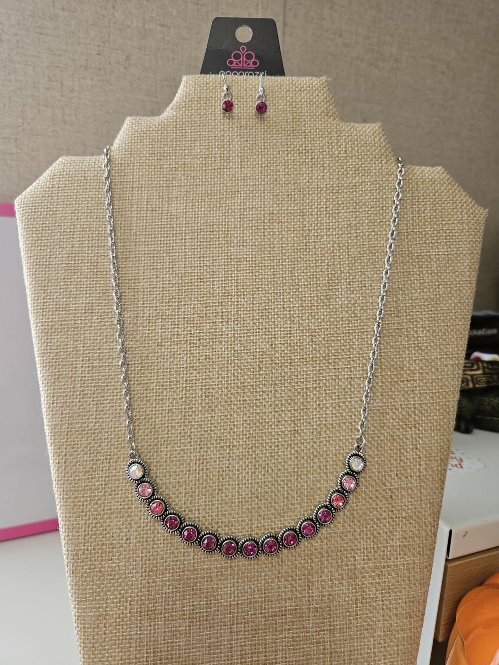 paparazzi Pink Crystal Station Necklace with Matching Earrings